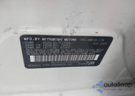 2015 Mitsubishi Mirage De/Rf z USA, uszkodzony, nr VIN ML32A3HJ7FH010235